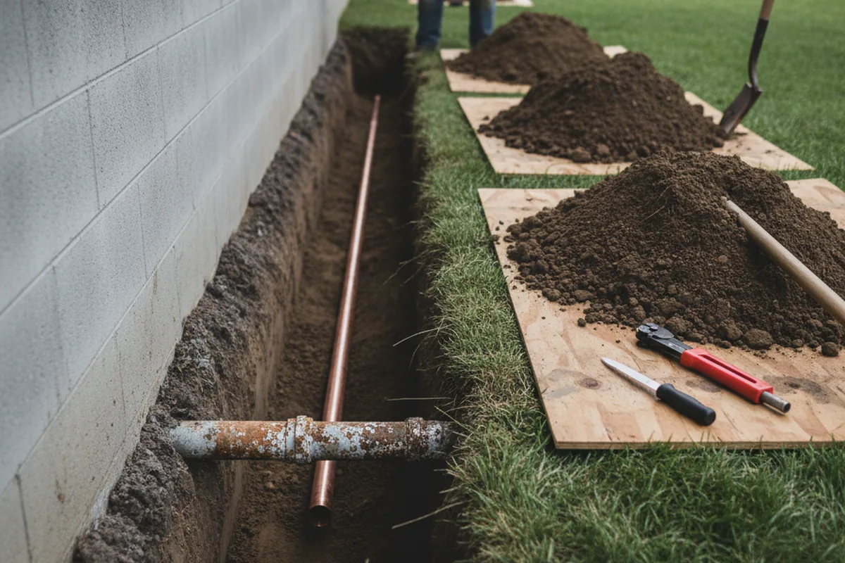 Excavated water line trench during Sewer Line Repair in Shelton